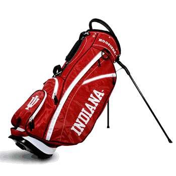 Red and white Indiana Hoosiers Fairway Stand Bag with IU logos and stand legs extended