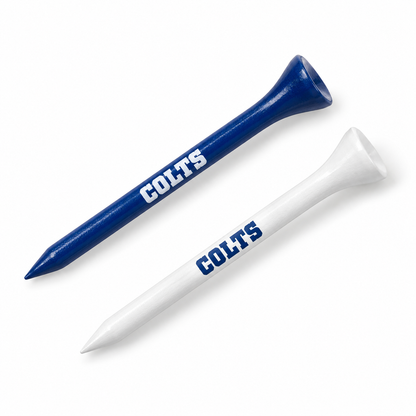 Indianapolis Colts golf tees in blue and white with team lettering.