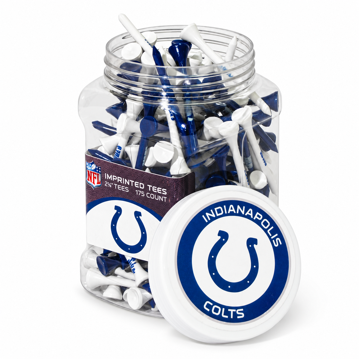 Close-up of the Indianapolis Colts 175-count tee jar and separate lid.