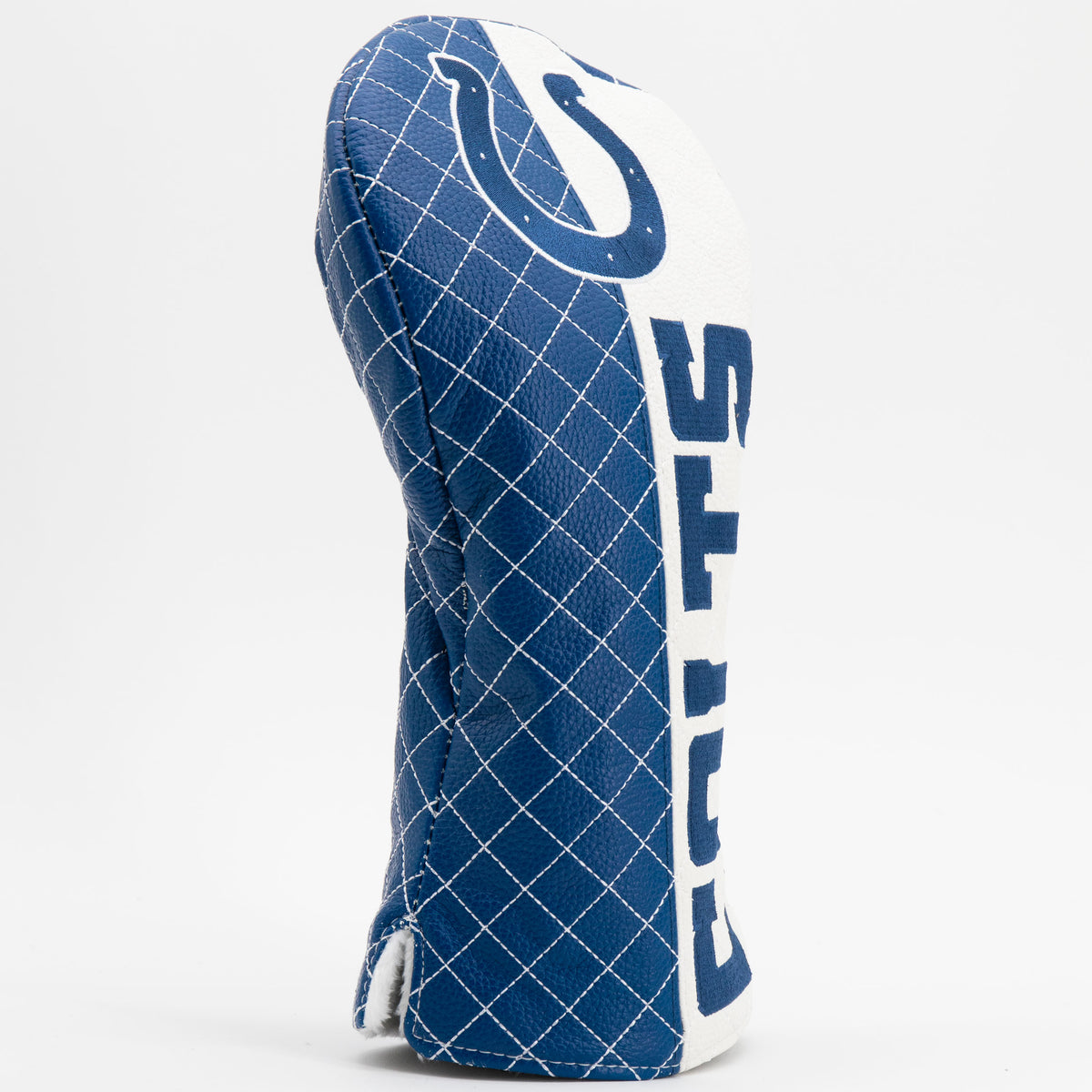 Indianapolis Colts split quilted driver headcover, close-up of diamond stitching and exterior texture