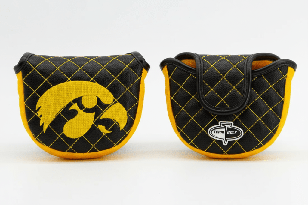 Two golf club covers with a yellow and black design on a white background