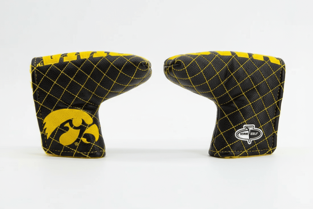 Two golf club head covers with a grid pattern and logos on a white background