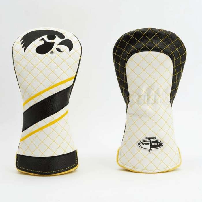 Two golf club head covers with black, yellow, and white design on a light gray background