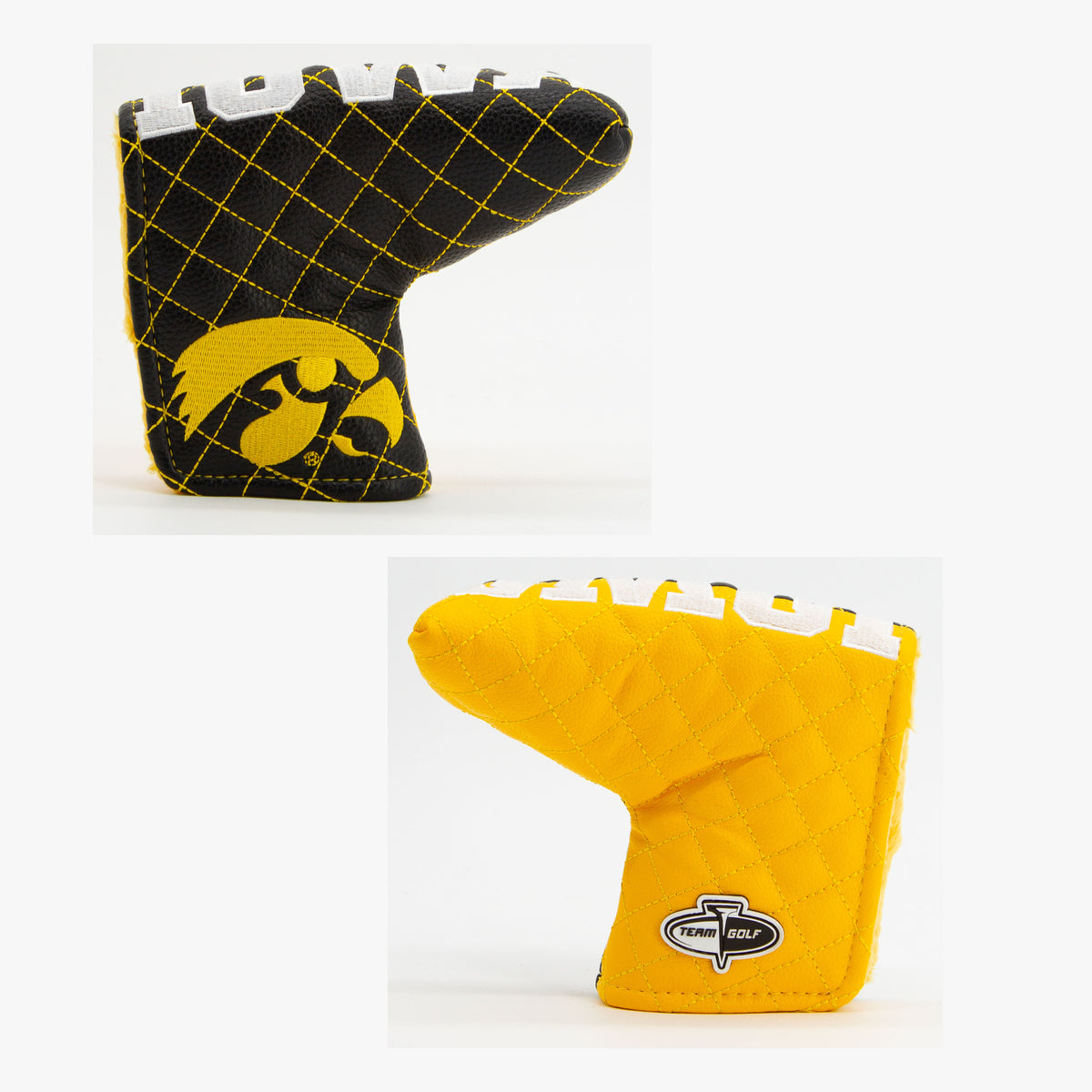 Iowa Hawkeyes Split Quilted Blade Putter Cover, offset front and back views
