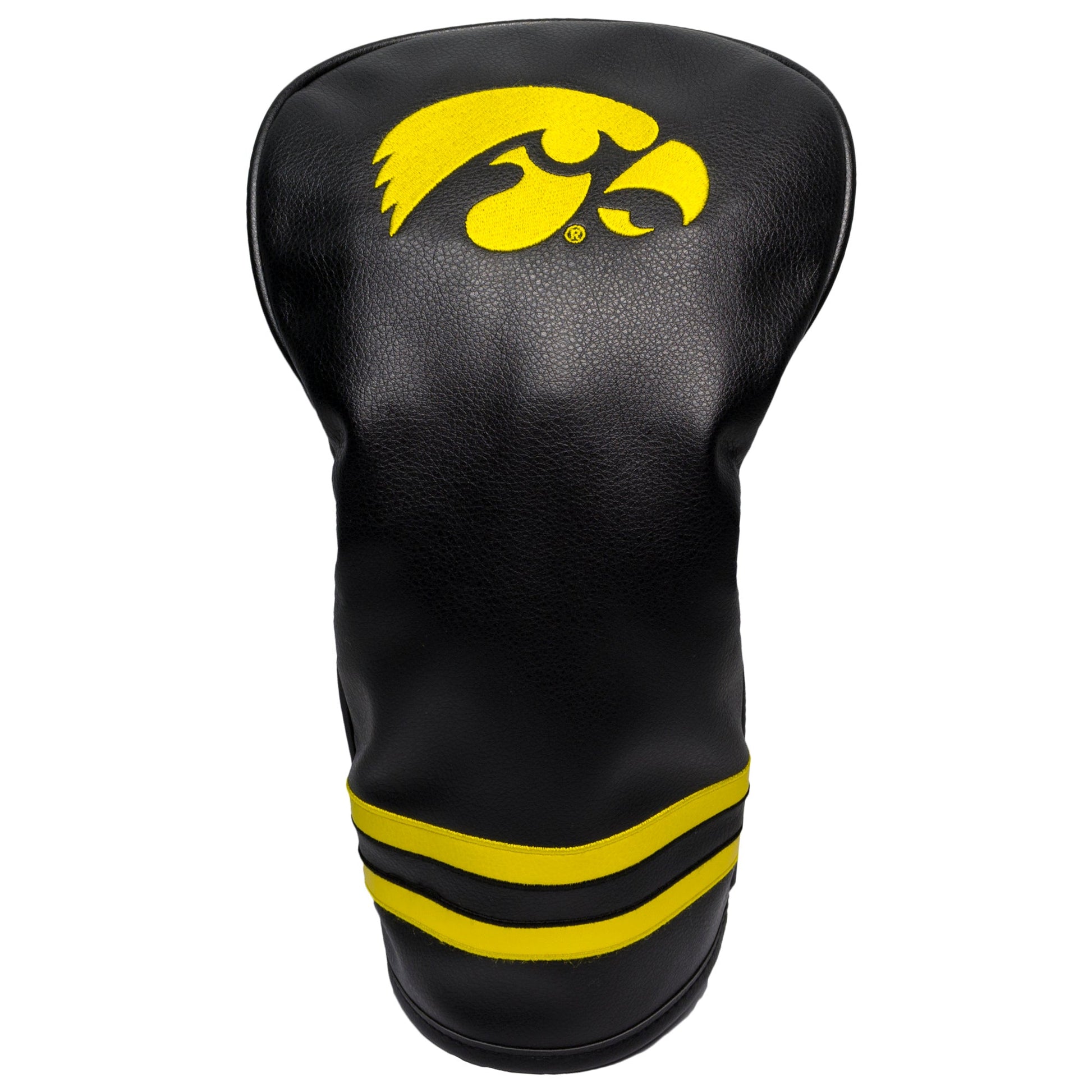Black golf club head cover with yellow logo and stripes on a white background