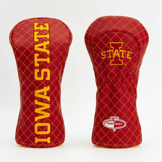 Two red golf club head covers with 'Iowa State' text on a white background
