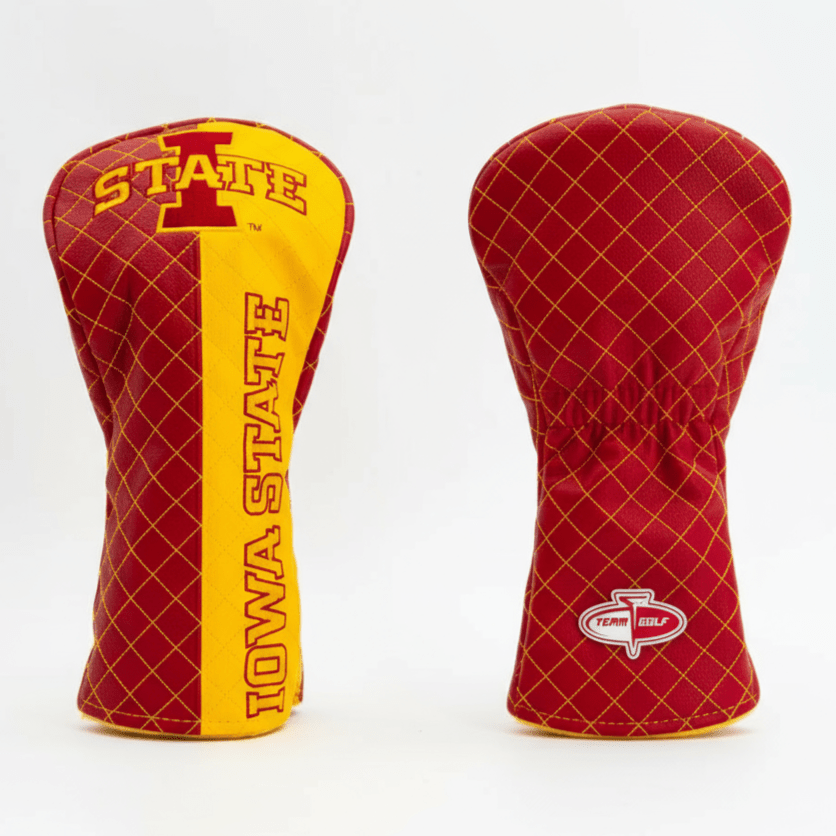 Two red and yellow golf club heads with 'Iowa State' branding on a white background
