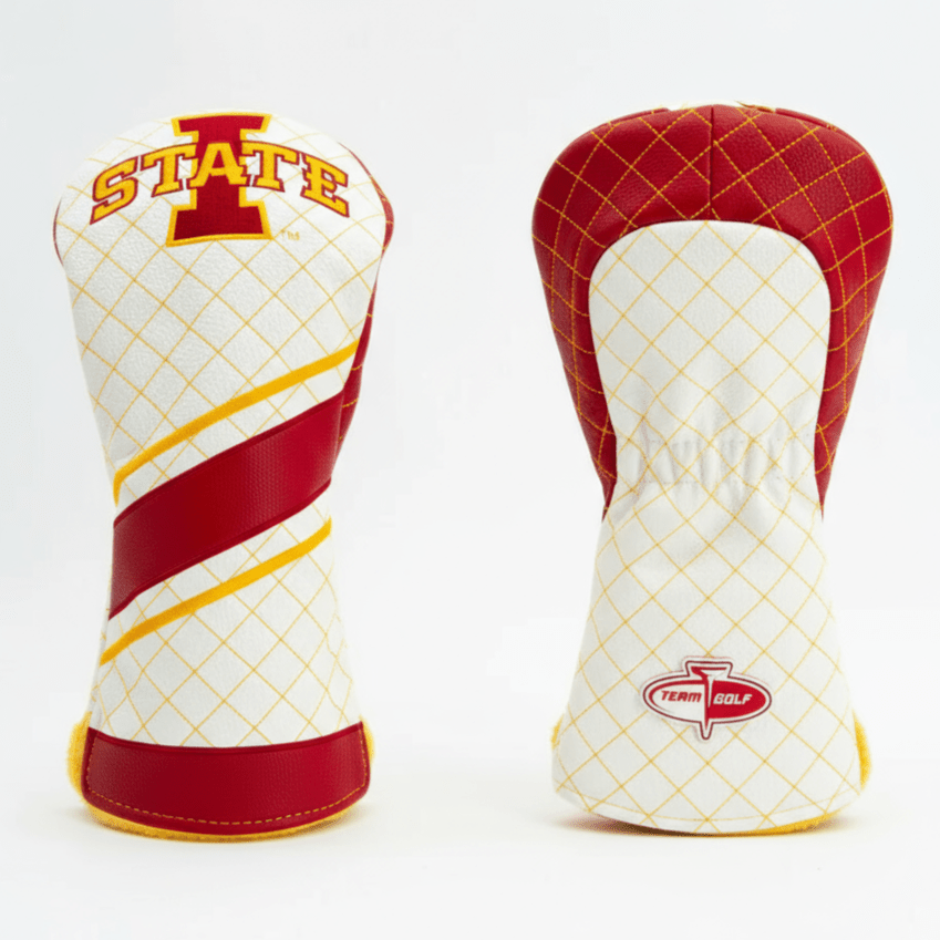 Two golf club head covers with Iowa State logo on a white background