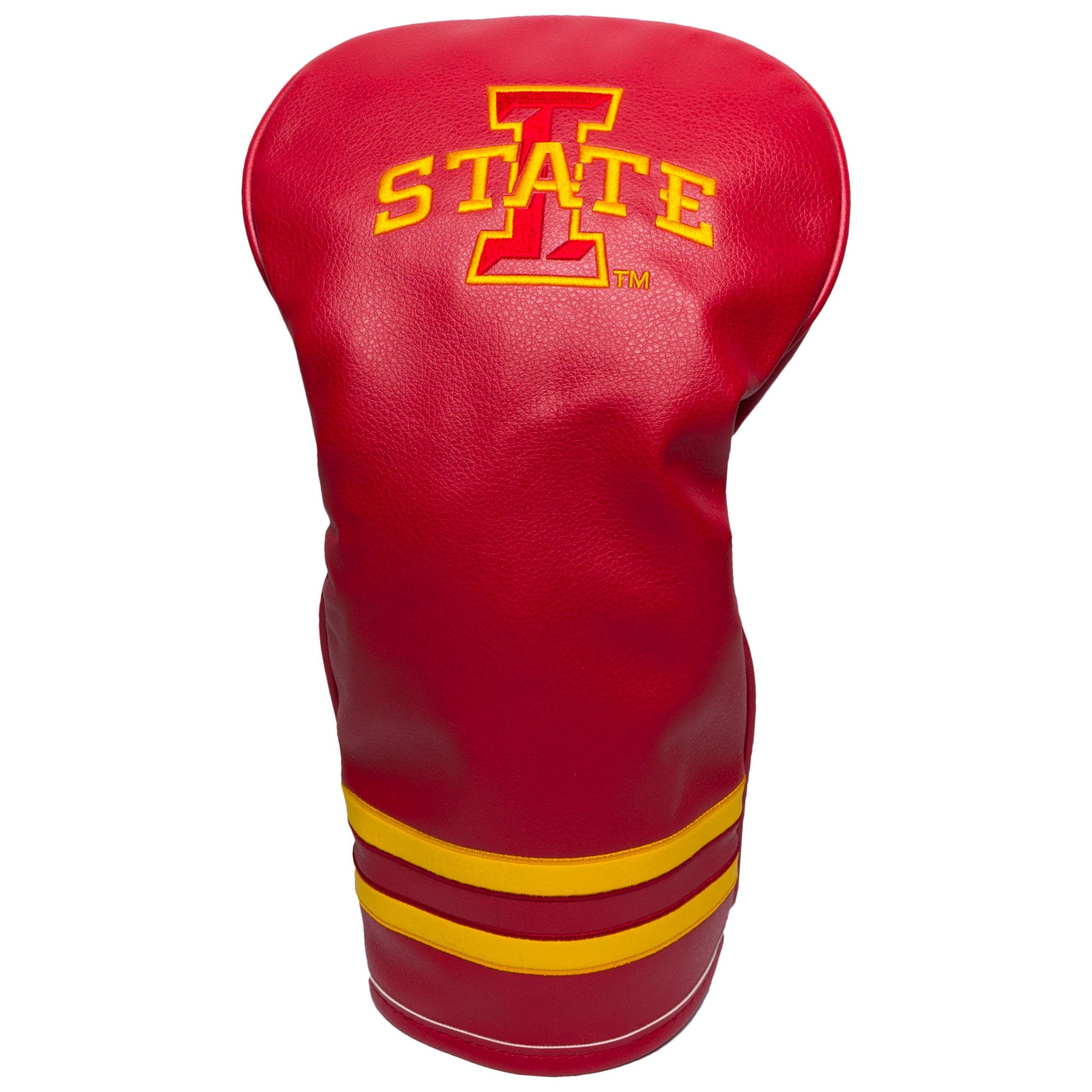 Red golf club head cover with 'STATE' logo on a white background