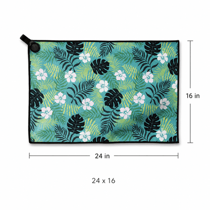Rectangular mat with tropical leaf and flower pattern, dimensions indicated.