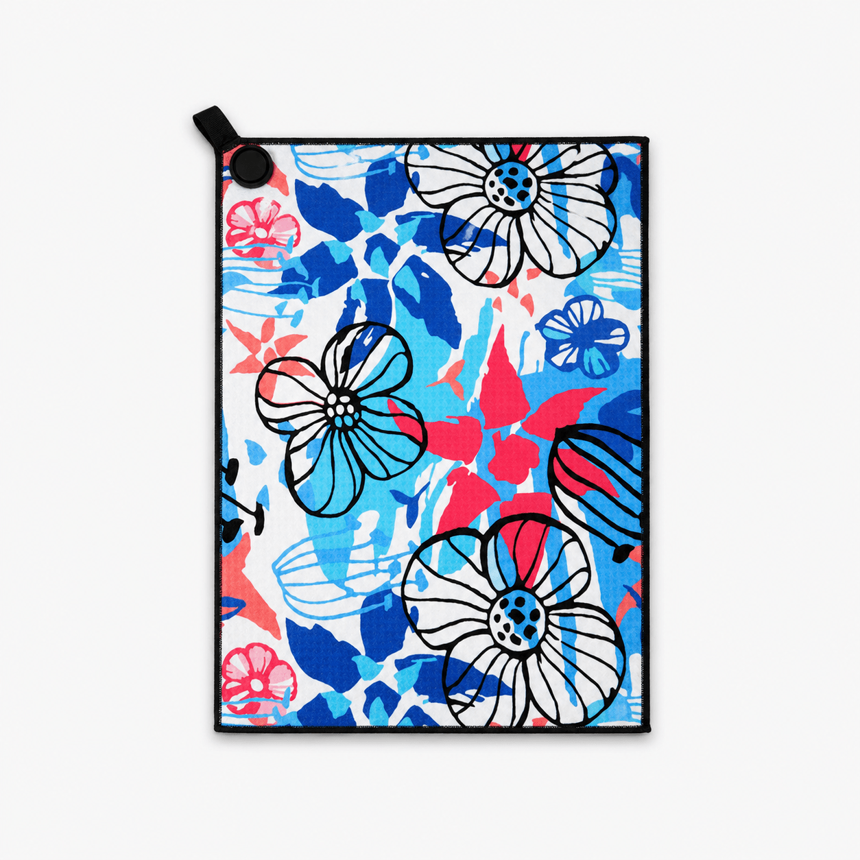 Colorful floral towel with a black border on a white background