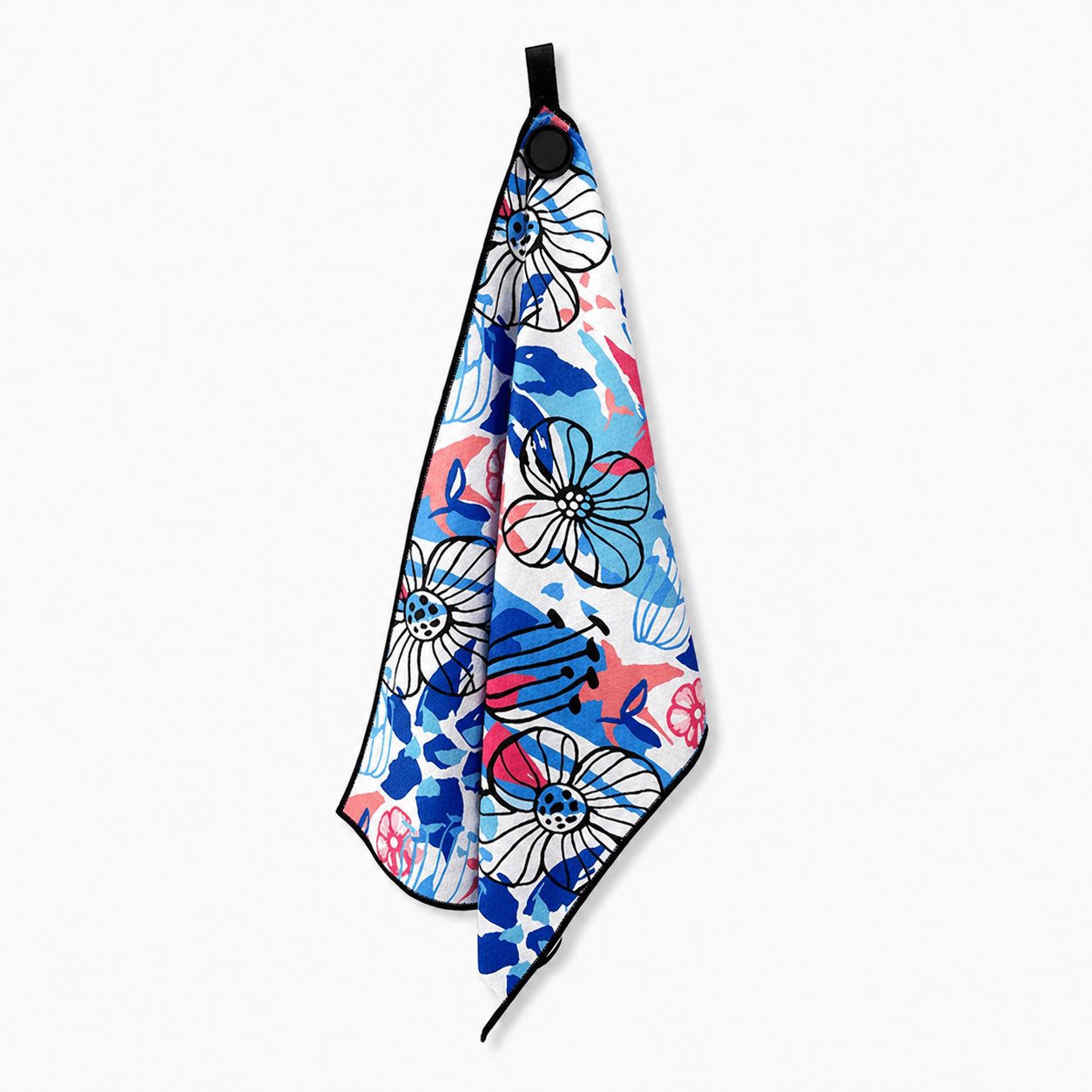 Colorful floral towel hanging on a white background