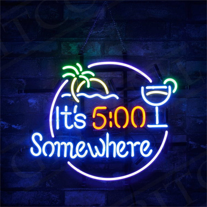 It's 5 o'clock Somewhere Palm Tree Sun Sea Neon Signs - Club Rehab