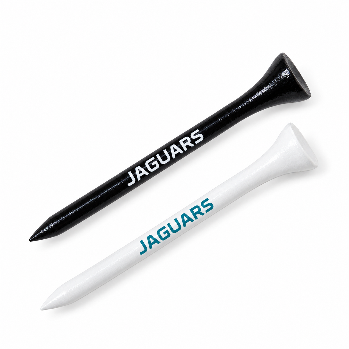 Jacksonville Jaguars golf tees in black and white with team lettering.