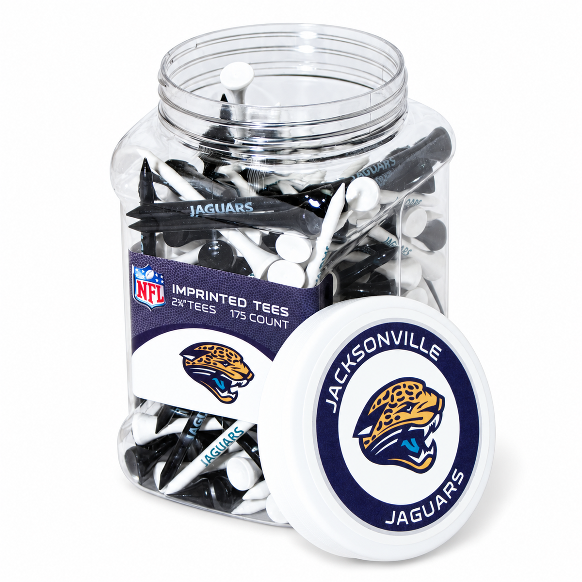 Close-up of the Jacksonville Jaguars 175-count tee jar and separate lid.