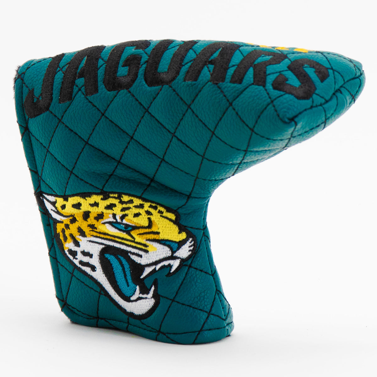 Jacksonville Jaguars Solid Blade Putter quilted headcover, angled view