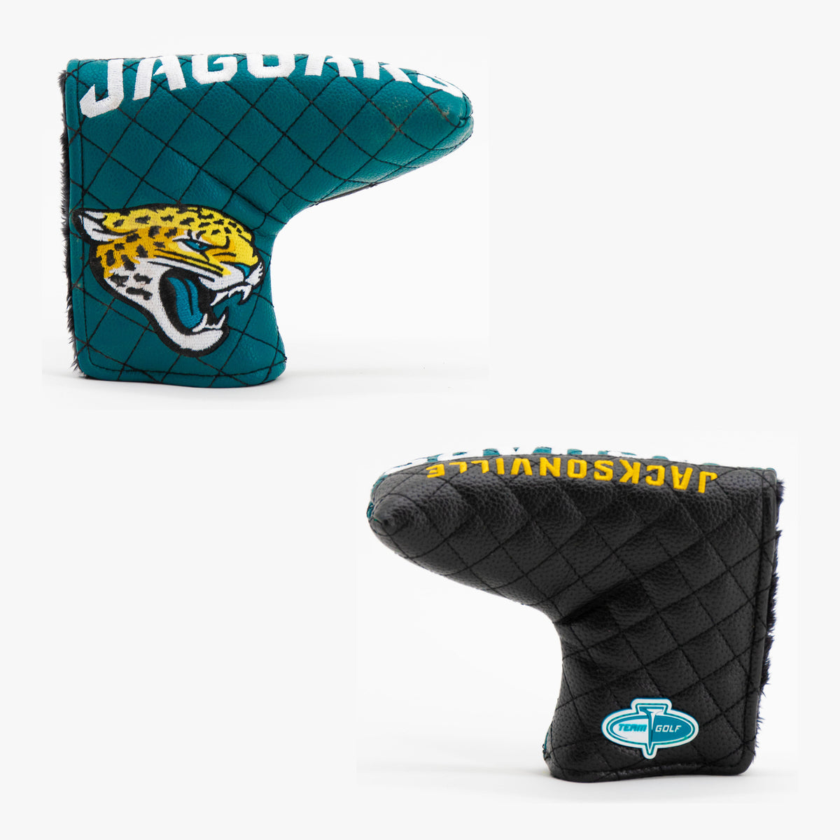Jacksonville Jaguars Split Quilted Blade Putter Cover, front and back views