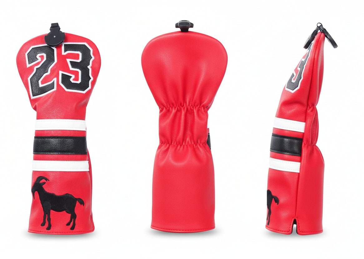 Red golf club head cover with black number 23 and goat silhouette on a white background