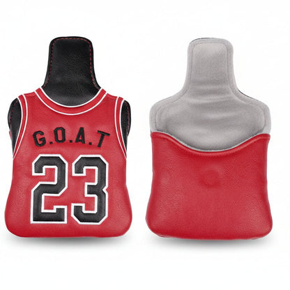 Red jersey-style bottle holder with 'G.O.A.T. 23' text on a white background