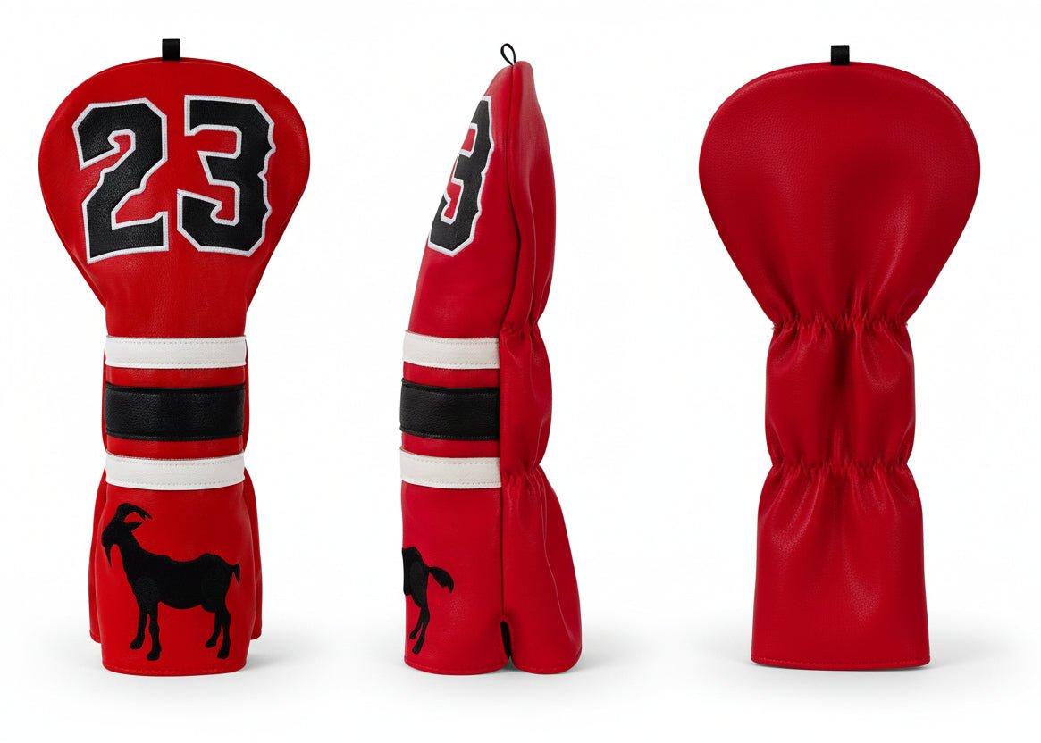 Red golf club head cover with number 23 and goat silhouette on a white background