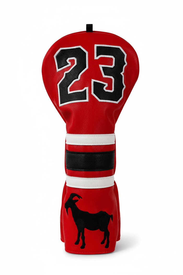 Red golf club head cover with number 23 and goat silhouette on a white background