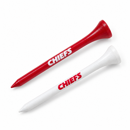 Kansas City Chiefs golf tees in red and white with team lettering.