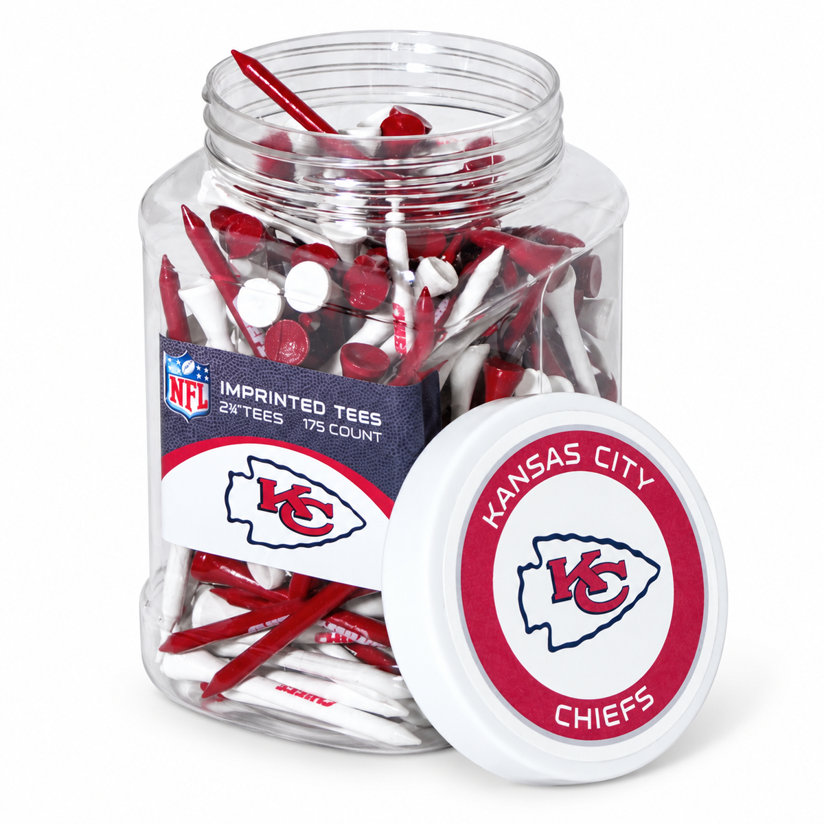 Close-up of the Kansas City Chiefs 175-count tee jar and separate lid.
