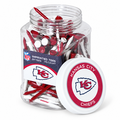 Close-up of the Kansas City Chiefs 175-count tee jar and separate lid.