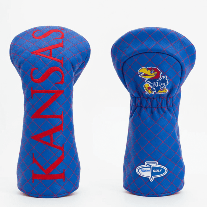Two blue golf club head covers with 'Kansas' text and logo on a white background