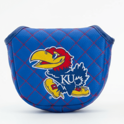Two golf club covers, one blue with a logo and one red and blue with a brand logo, on a white background.