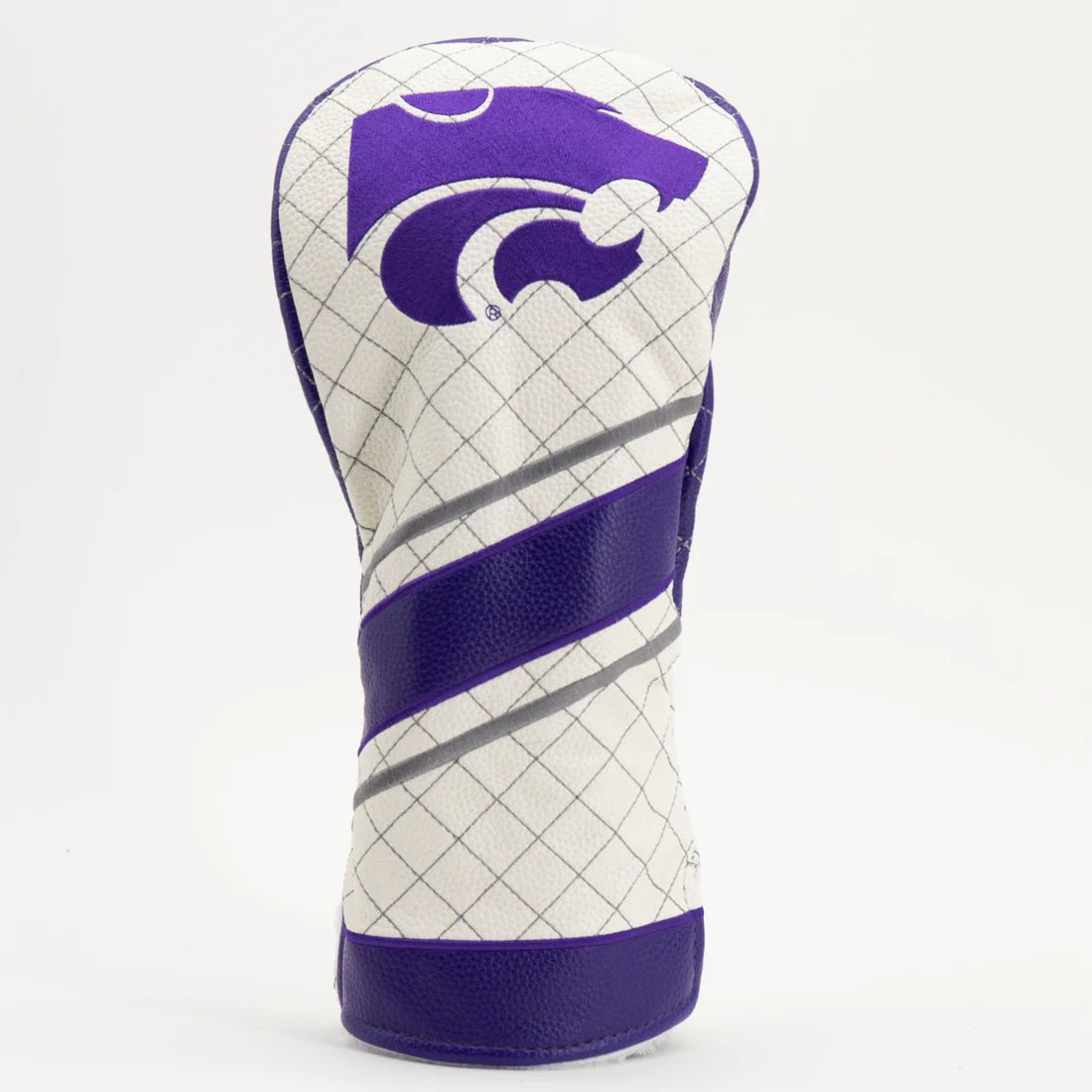 Golf club head cover with purple and white design on a white background