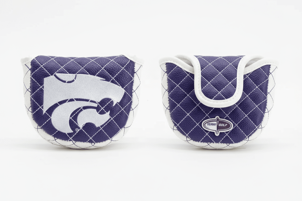 Two purple and white quilted pouches with logos on a white background