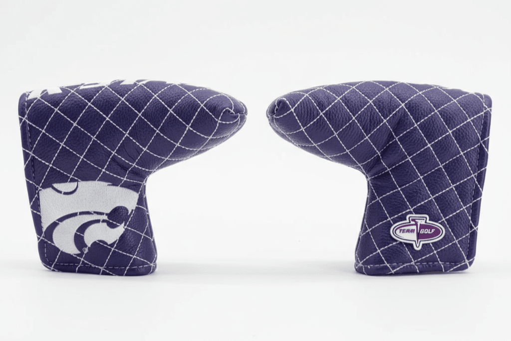 Two purple golf club covers with grid pattern on a white background