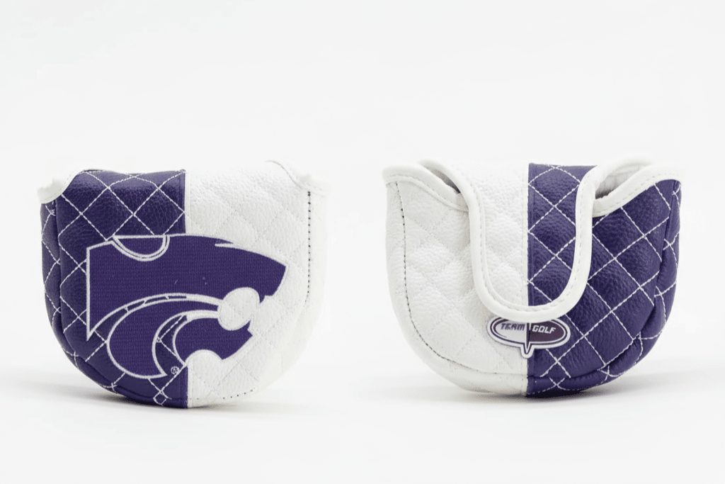 Two purple and white golf club covers with a logo on a white background