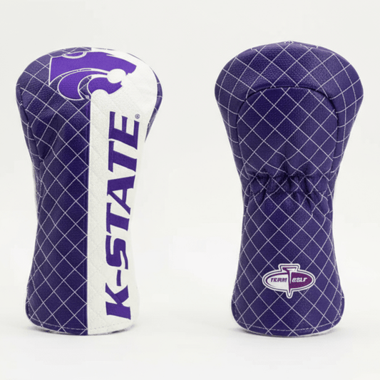 Two purple and white golf club head covers with K-State logo on a light gray background