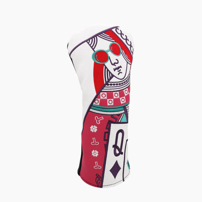 Golf club head cover with playing card design on a white background