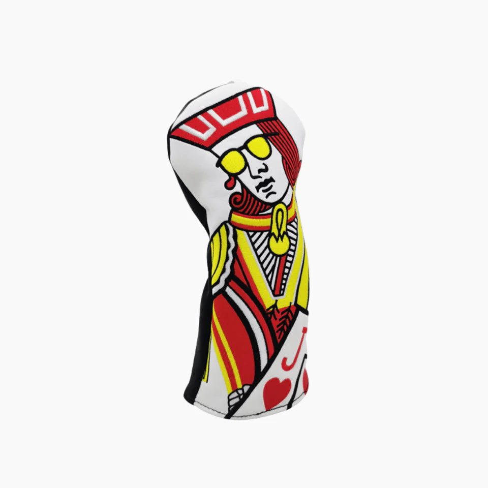 Golf club head cover with playing card design on a white background