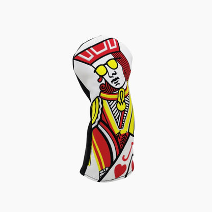 Golf club head cover with playing card design on a white background