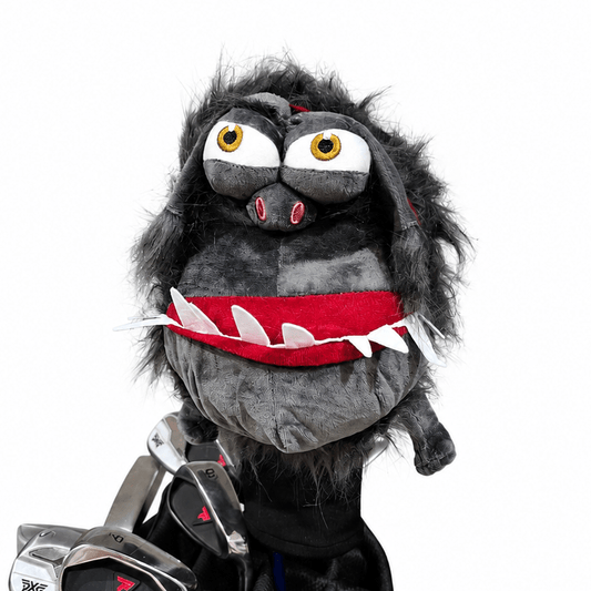 Golf club head cover with a cartoonish character design on a white background