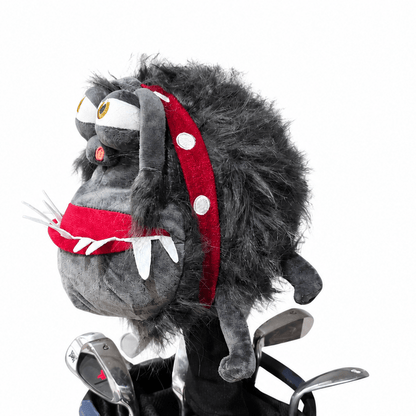 Golf club head cover with a cartoon character on a white background