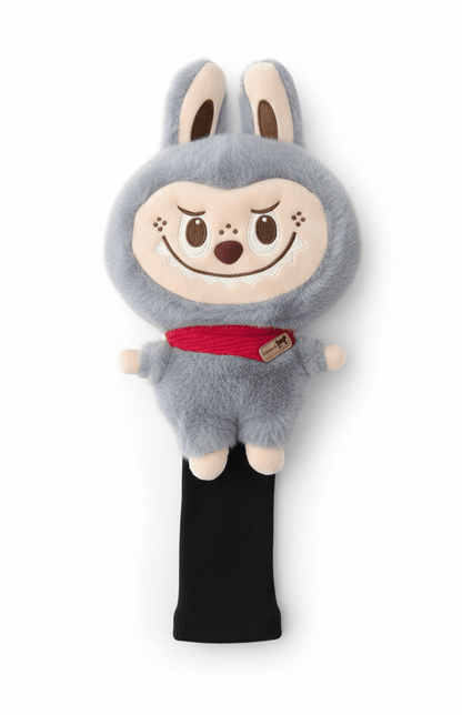 Gray plush toy with a red scarf on a white background