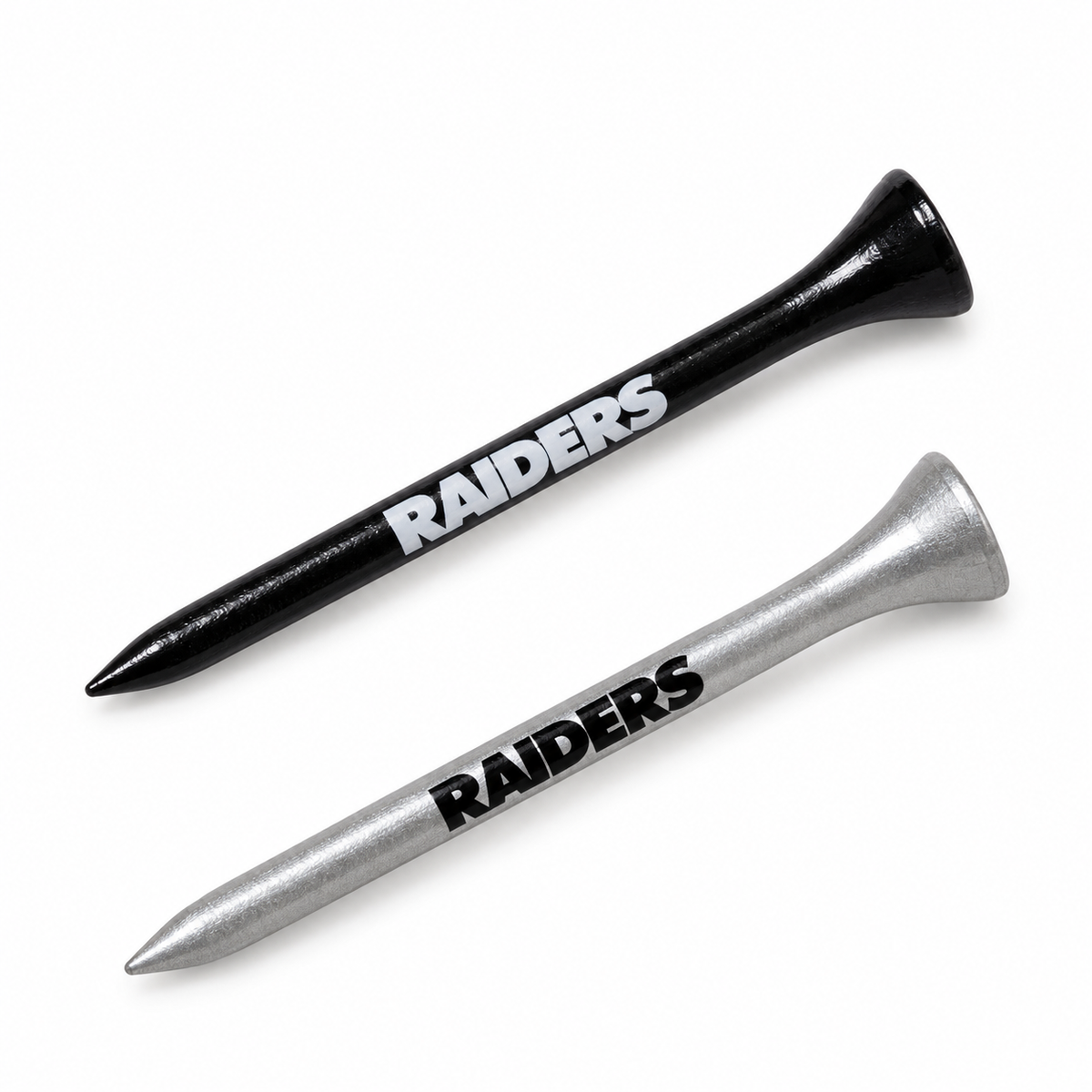 Las Vegas Raiders golf tees in black and metallic silver with team lettering.