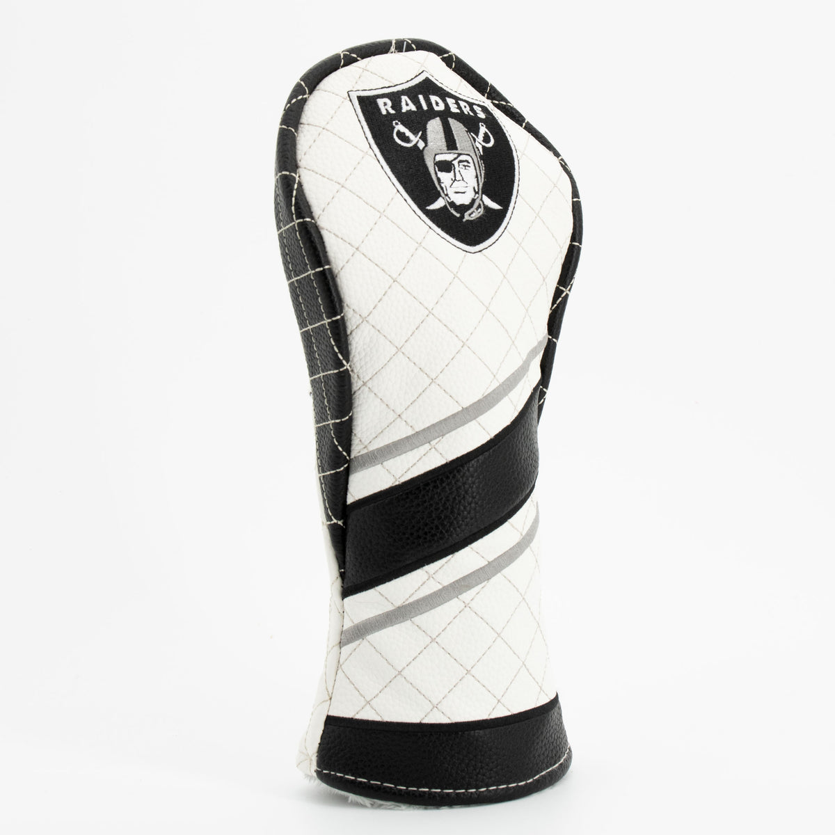 Las Vegas Raiders Striped Quilted Fairway Headcover, close-up of the diamond stitching and textured exterior