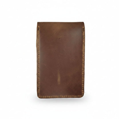 Brown leather cigar case with three cigars on a white background