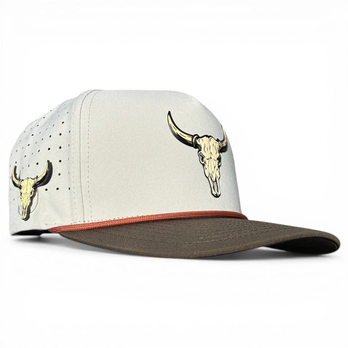 Longhorn Golf Hat | Snapback Cap | Built - in Magnetic Ball Marker Holder + Marker Included | Adjustable Tan Bull Skull - Club Rehab