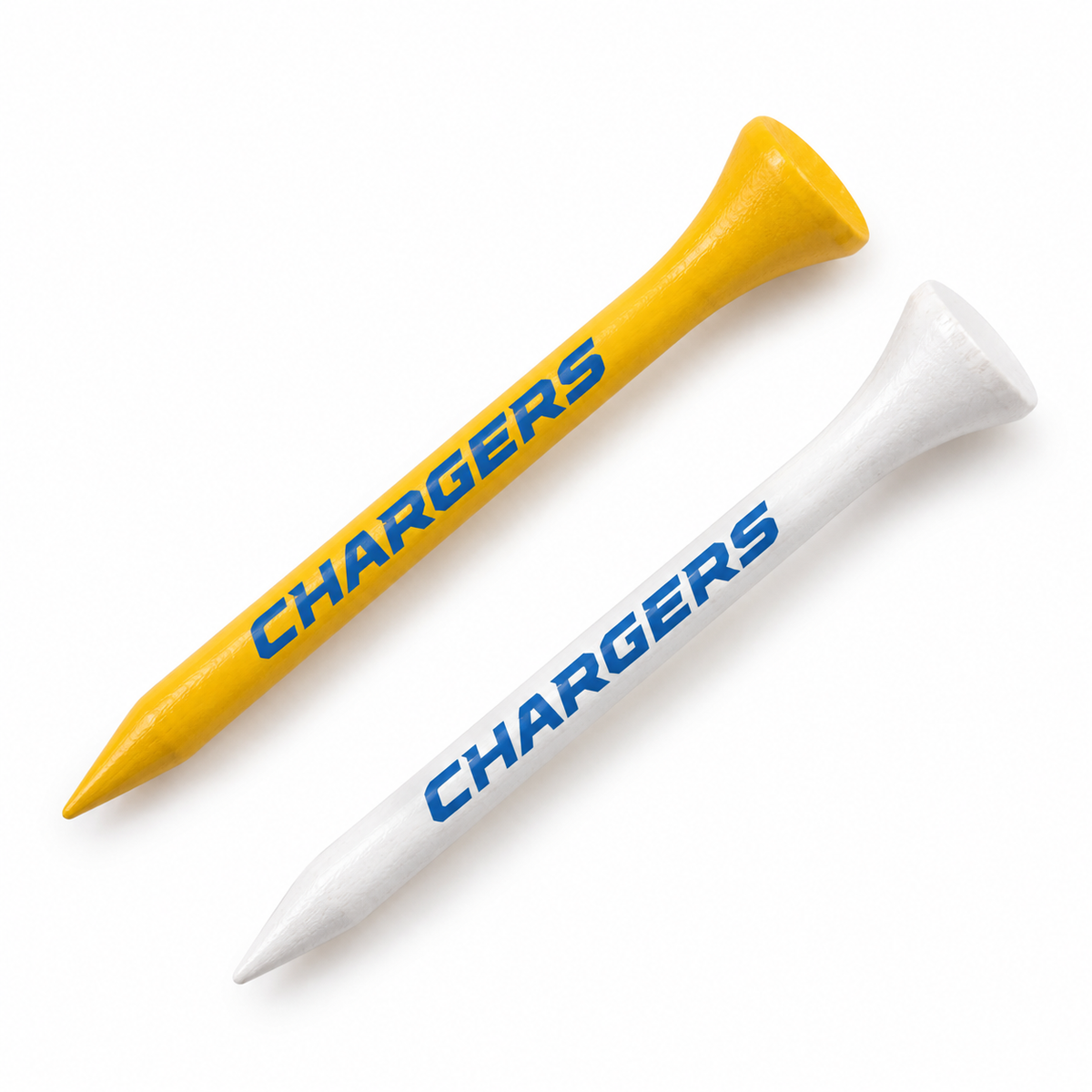 Los Angeles Chargers golf tees in yellow and white with team lettering.