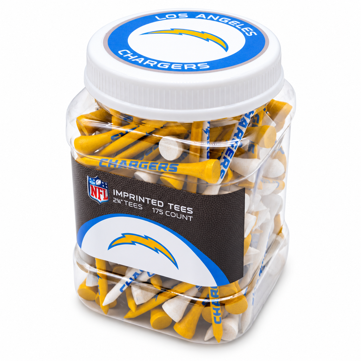 Close-up of the closed Los Angeles Chargers 175-count tee jar.