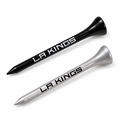 Los Angeles Kings golf tees in black and silver with team lettering.