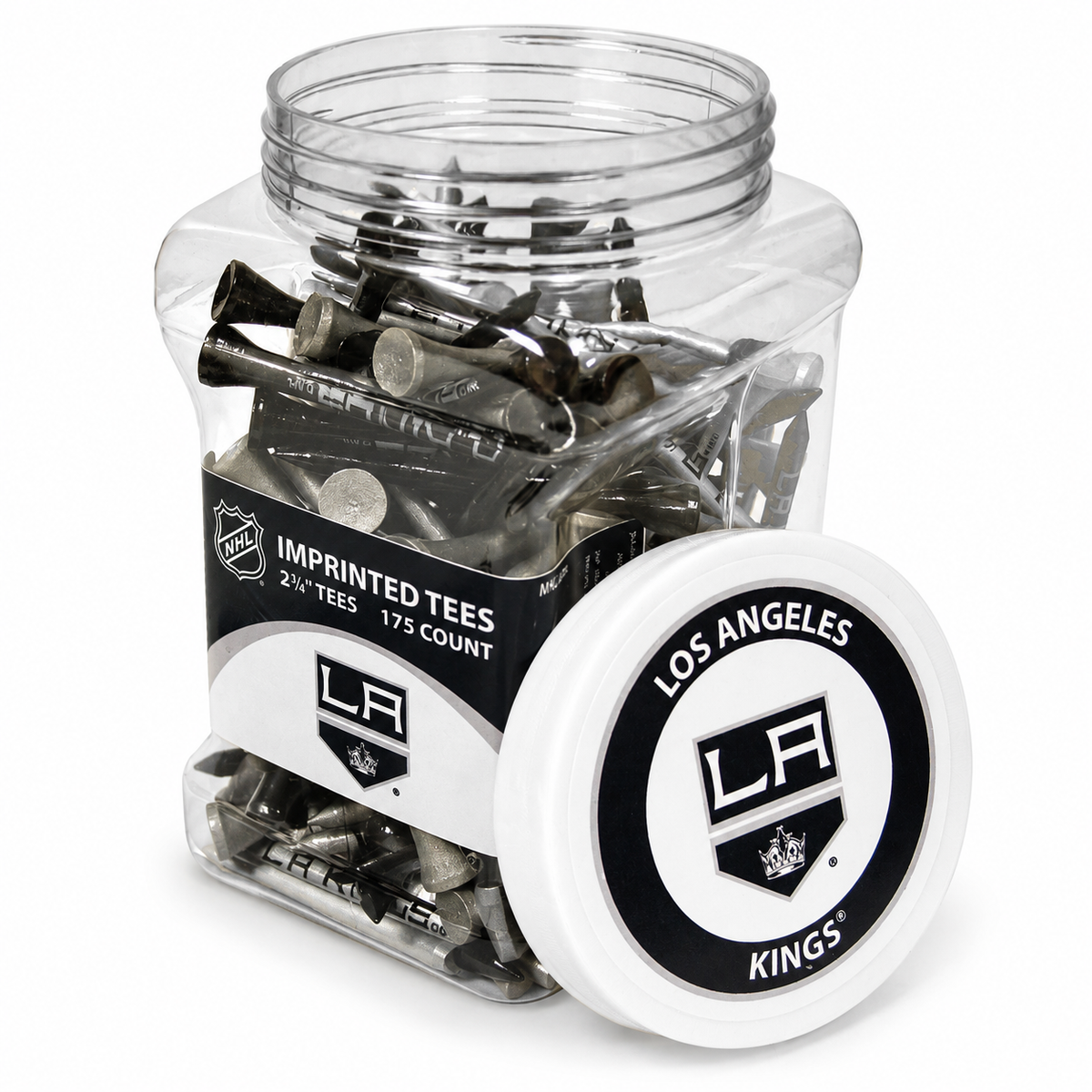 Los Angeles Kings jar containing 175 2¾-inch golf tees with its separate team-logo lid.