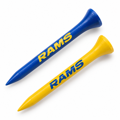 Los Angeles Rams golf tees in blue and yellow with team lettering.